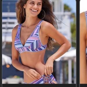 LOT BECCA South Coast Metallic Stripe Blue Purple Bikini Tops Adela Bottom Large